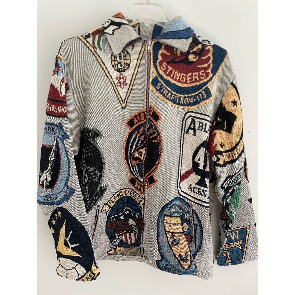 Upcycled Military Aviation Tapestry Jacket Full Zip Squadron Patch Woven